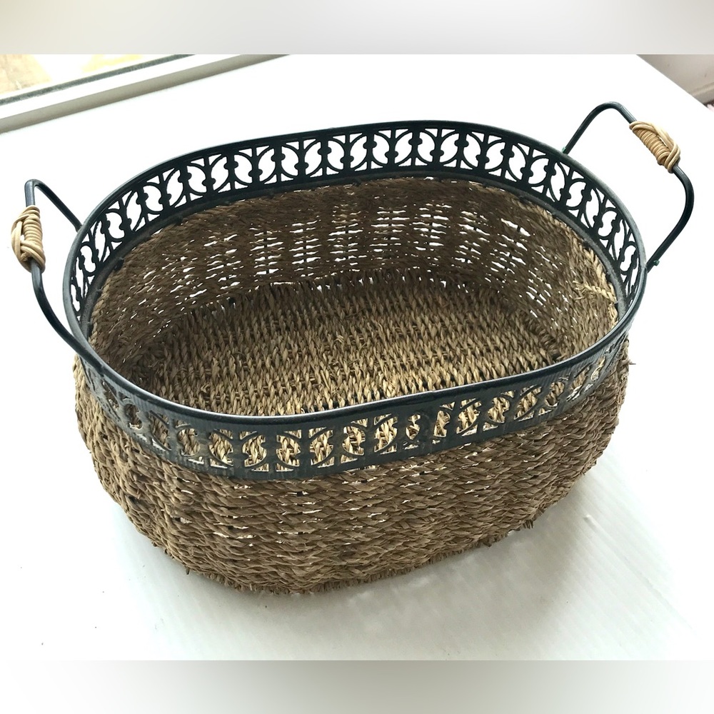 Decorative Storage basket with metal accents and handles oval